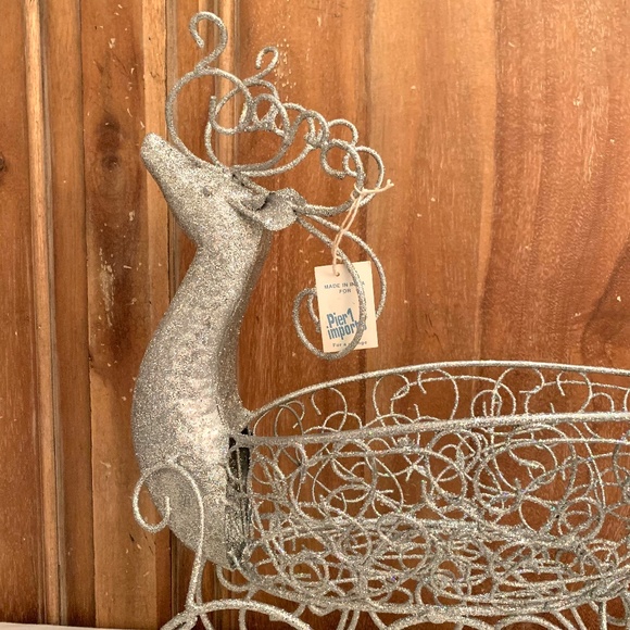 Pier 1 Silver Metal Glitter Reindeer Sleigh Basket Holiday Decor - Picture 2 of 8